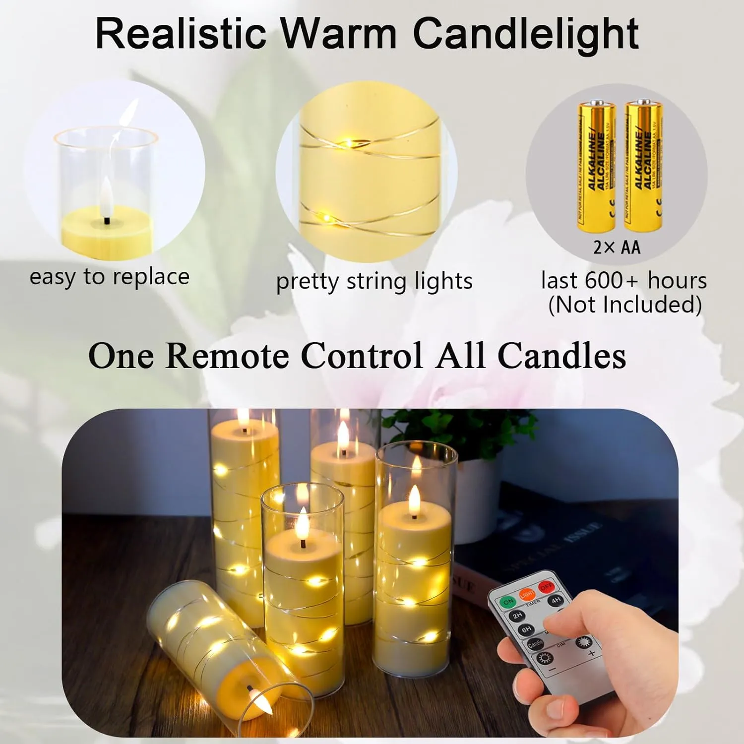 Flickering Flameless LED Candles Battery Operated with Timer and Remote, Embedded Star String Warm Light, Ivory Acrylic Fake Candles for Romantic Home Party Decorations, 5 Pack