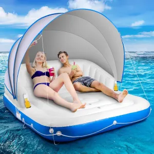 Floating Island with Canopy, Heavy Duty Inflatable Water Lounger Raft with 2 Cup Holders for Adults Lake Pool