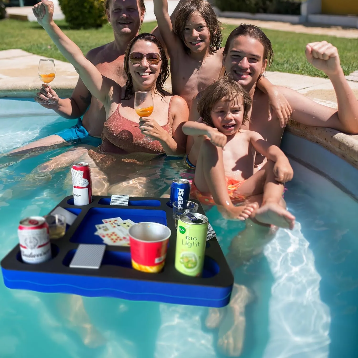 Floating Pool Games Table for Adults - All-in-One Drink Holder & Refreshment Station for Pool, Beach, Hot Tub,Waterproof Cards Included,Summer Party Essentials