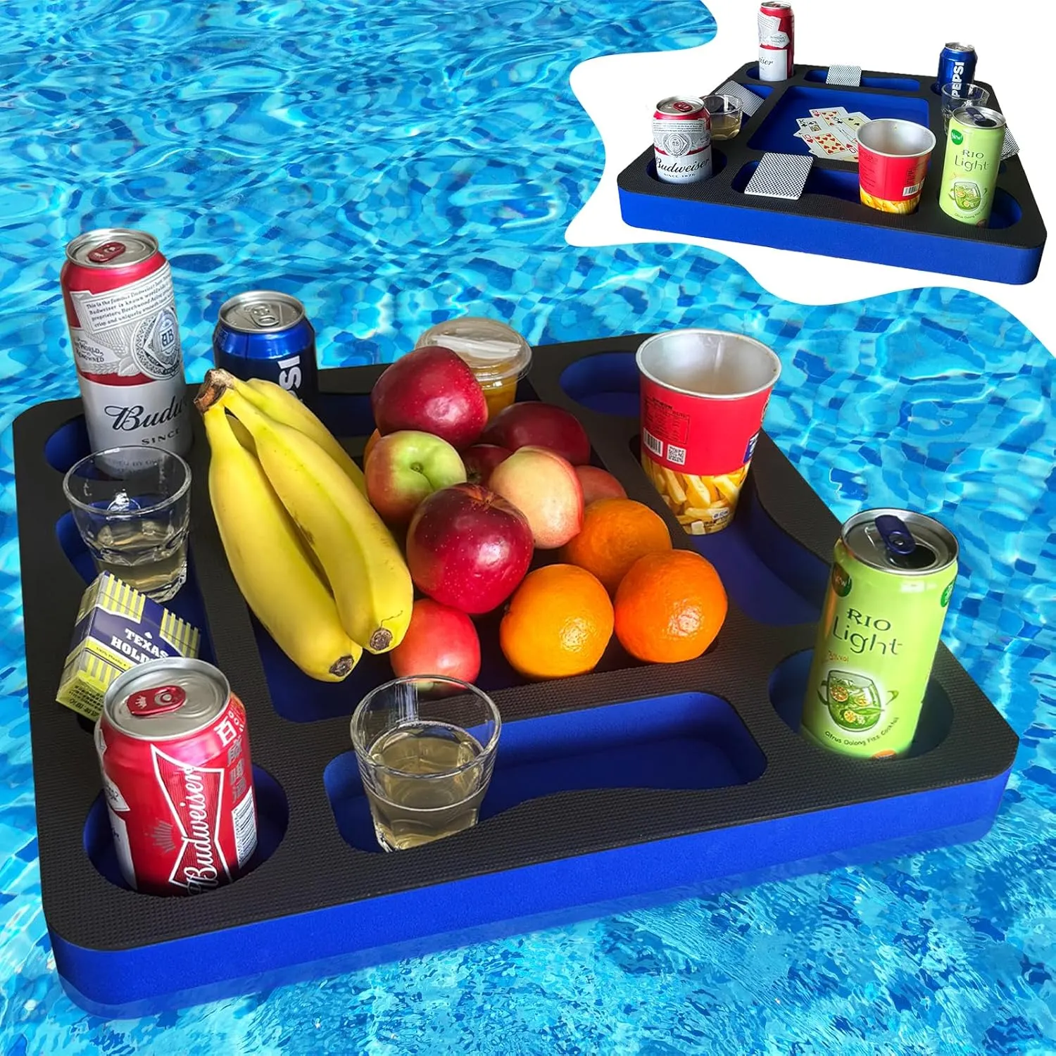 Floating Pool Games Table for Adults - All-in-One Drink Holder & Refreshment Station for Pool, Beach, Hot Tub,Waterproof Cards Included,Summer Party Essentials