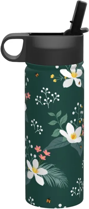 floral pattern Print Flask Stainless Steel Water Bottle with Straw 18OZ FOR Outdoor Gym Commute
