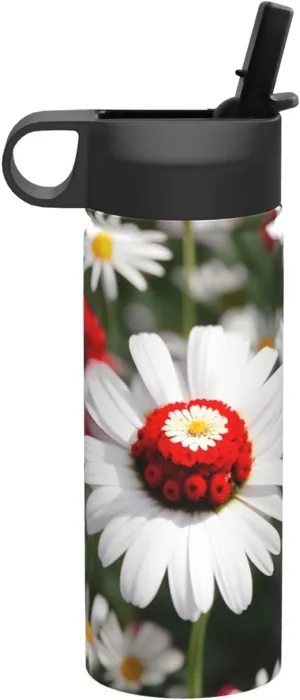 Flower and White Daisy Print Flask Stainless Steel Water Bottle with Straw 18OZ FOR Outdoor Gym Commute