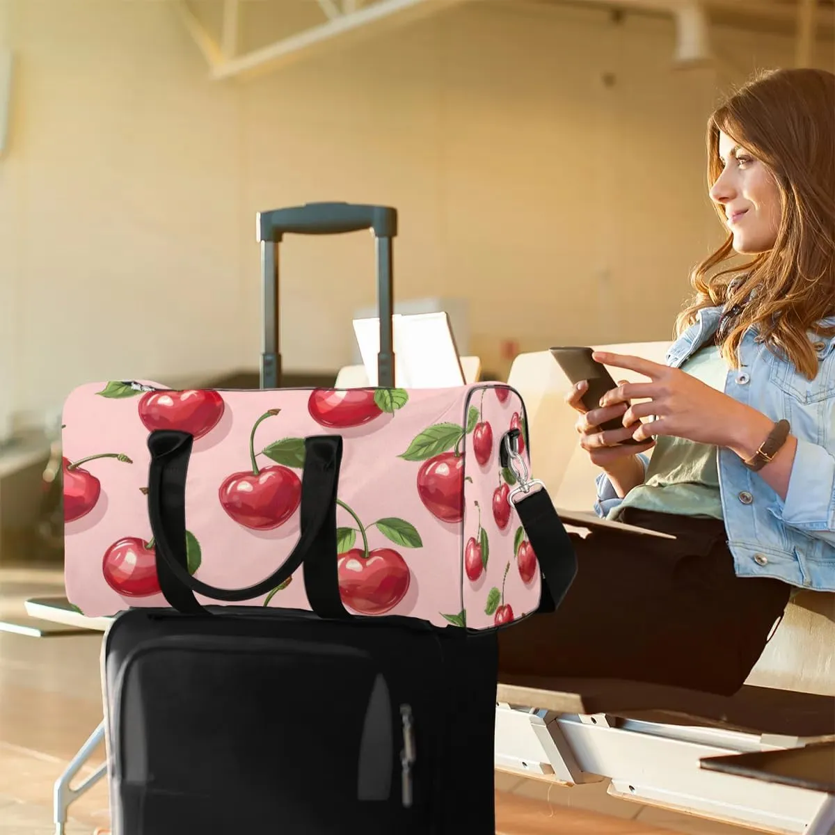 Foldable Travel Bag Cherry Theme Lightweight Carry On Bags for Airplanes Waterproof Travel Duffle Bag For Gym Weekend Overnight