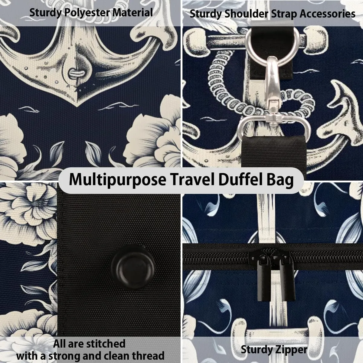 Foldable Travel Bag Flowers Anchor Lightweight Carry On Bags for Airplanes Waterproof Travel Duffle Bag For Gym Weekend Overnight