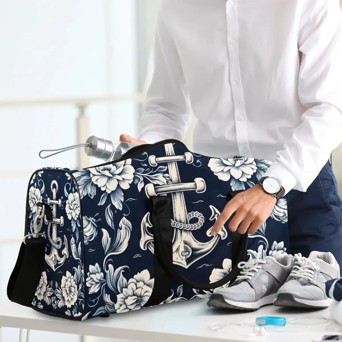 Foldable Travel Bag Flowers Anchor Lightweight Carry On Bags for Airplanes Waterproof Travel Duffle Bag For Gym Weekend Overnight