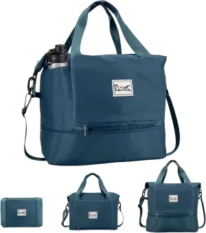 Foldable Travel Duffle Bag with Multiple Pockets, 40L Expandable Weekender Bag for Women, Overnight Carry On Gym Tote with Water Bottle Holder (Peacock Blue)