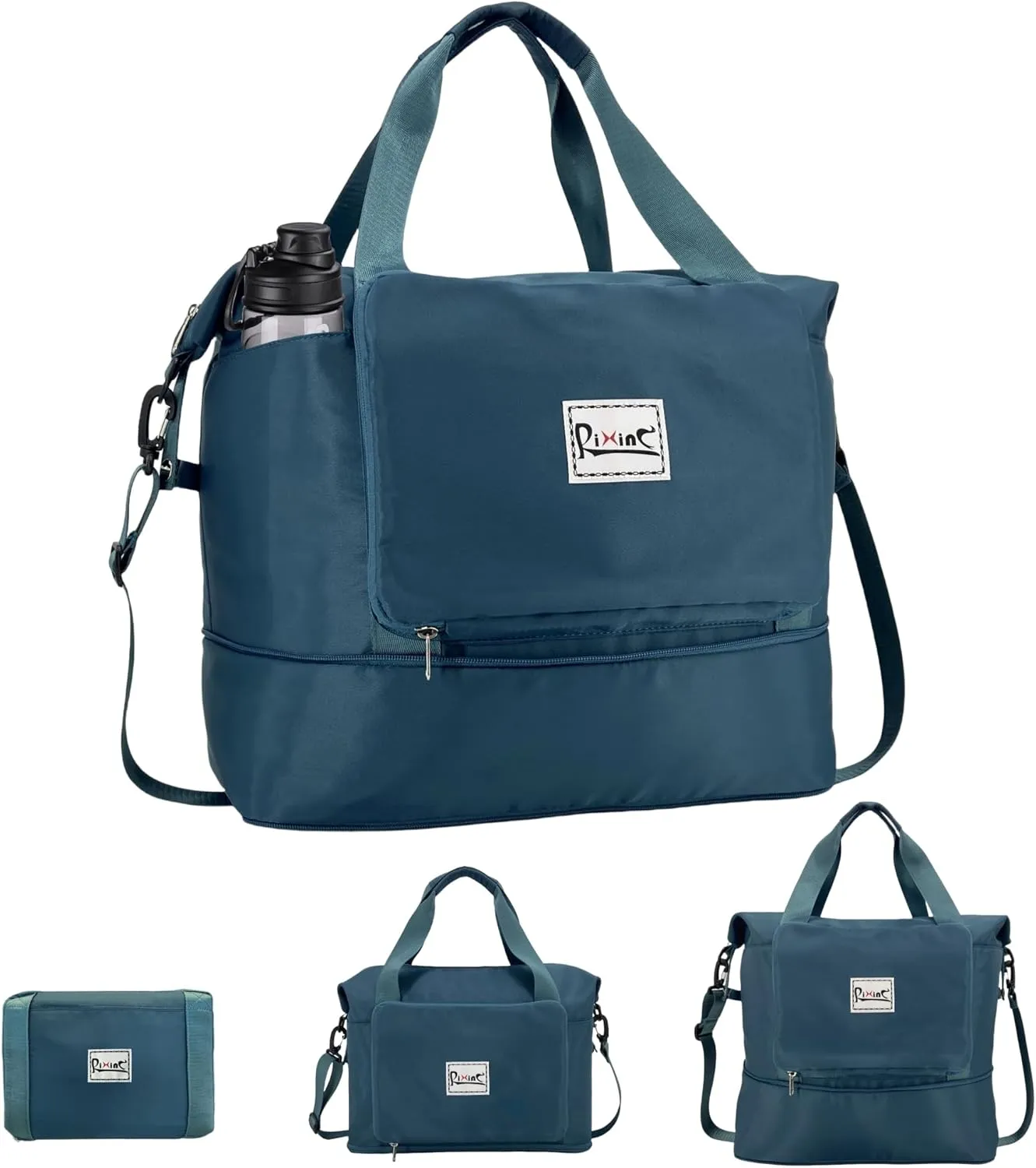 Foldable Travel Duffle Bag with Multiple Pockets, 40L Expandable Weekender Bag for Women, Overnight Carry On Gym Tote with Water Bottle Holder (Peacock Blue)