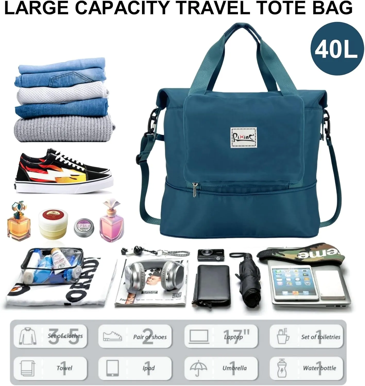 Foldable Travel Duffle Bag with Multiple Pockets, 40L Expandable Weekender Bag for Women, Overnight Carry On Gym Tote with Water Bottle Holder (Peacock Blue)