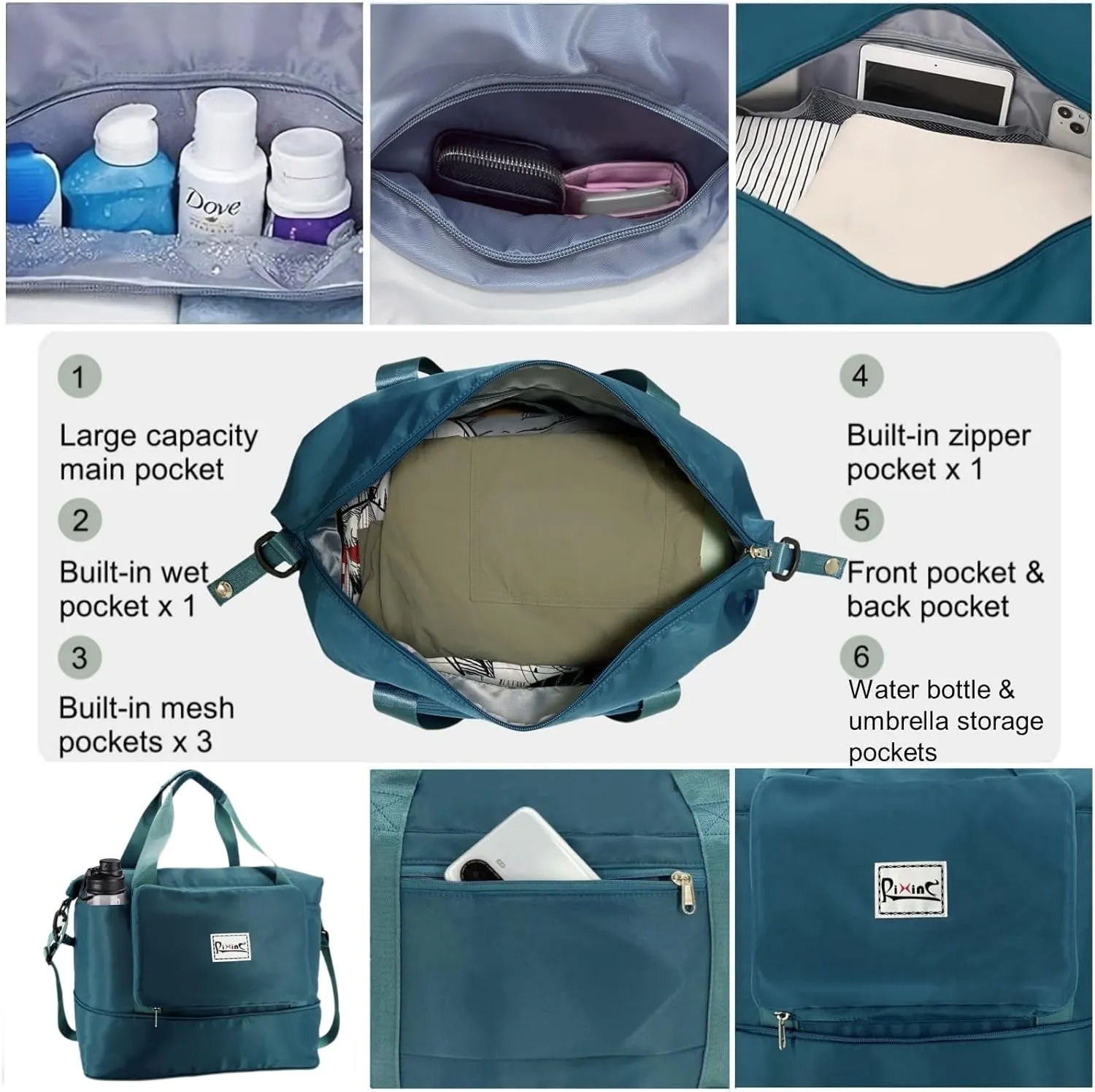Foldable Travel Duffle Bag with Multiple Pockets, 40L Expandable Weekender Bag for Women, Overnight Carry On Gym Tote with Water Bottle Holder (Peacock Blue)