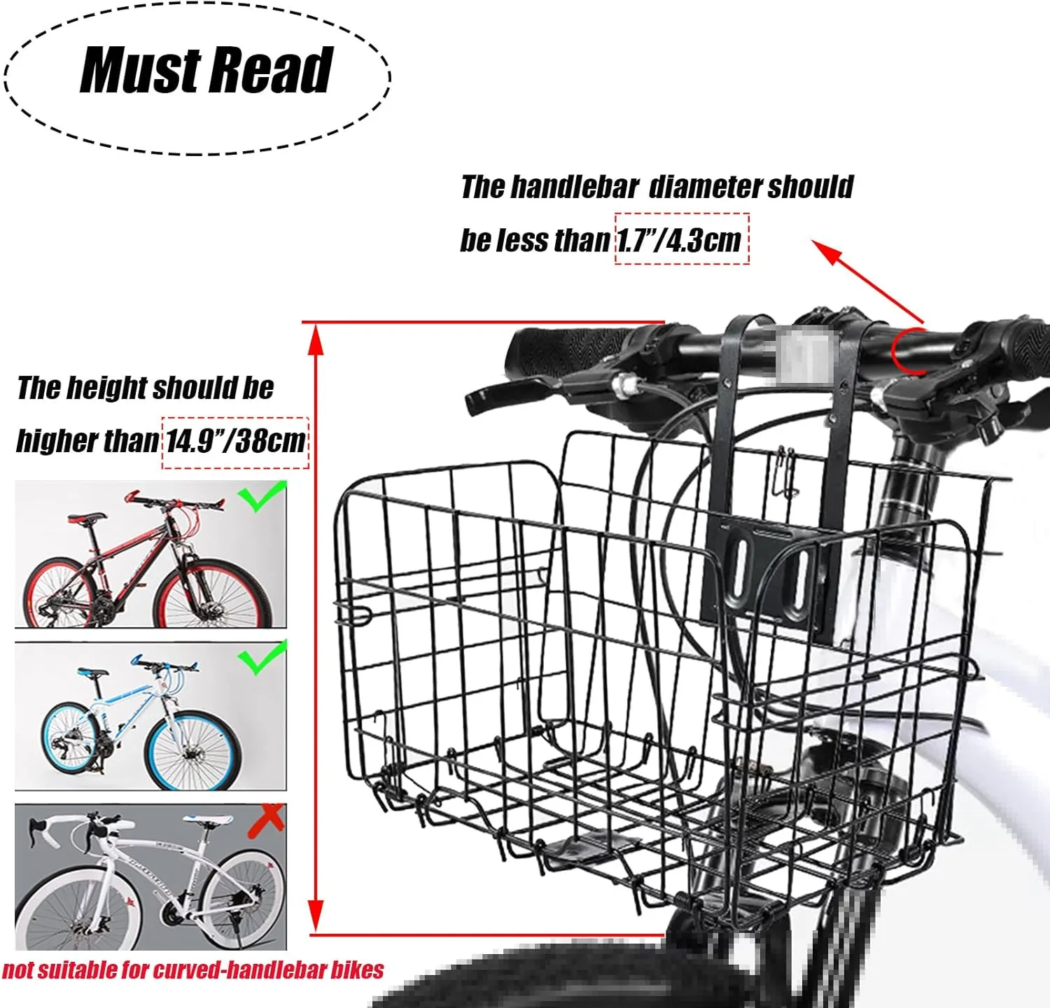 Folding Bike Front Basket Bicycle Wire Basket with Handles Easy Installation on Front Handlebar