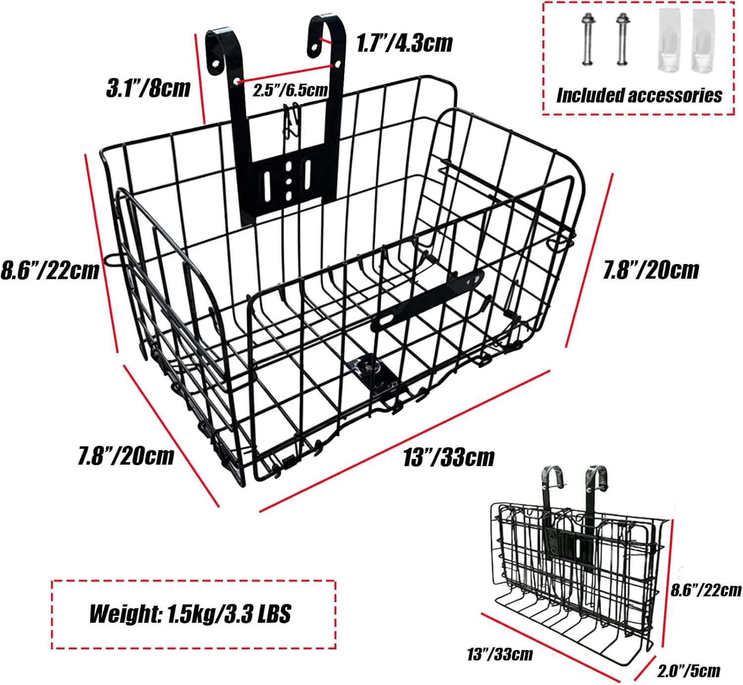 Folding Bike Front Basket Bicycle Wire Basket with Handles Easy Installation on Front Handlebar