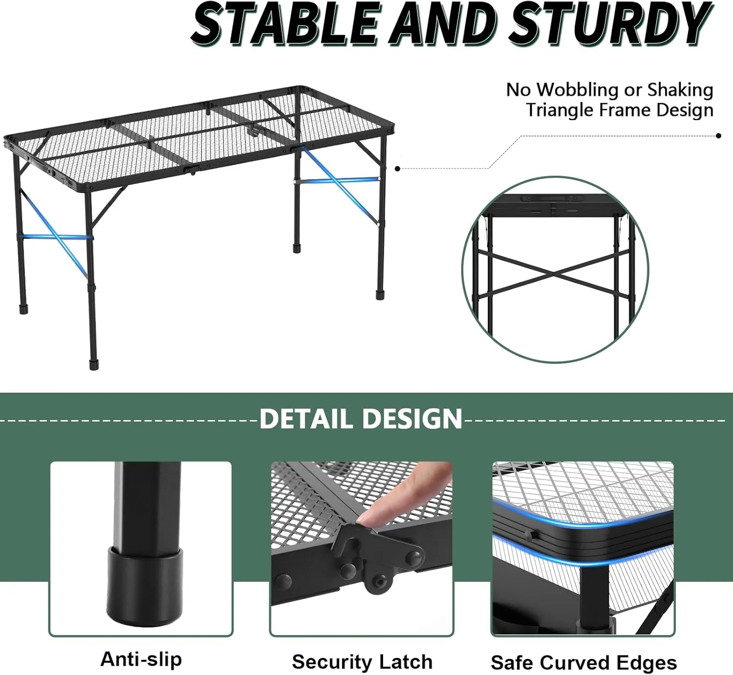 Folding Gril Table, 4x2 FT Camping Table with Mesh Desktop,Height Adjustable Folding Grill Table with Mesh Bag,Portable Outdoor Table for Picnic,Camping,BBQ,Beach(Black)