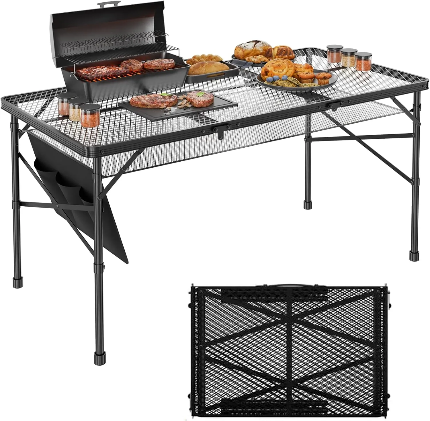 Folding Gril Table, 4x2 FT Camping Table with Mesh Desktop,Height Adjustable Folding Grill Table with Mesh Bag,Portable Outdoor Table for Picnic,Camping,BBQ,Beach(Black)
