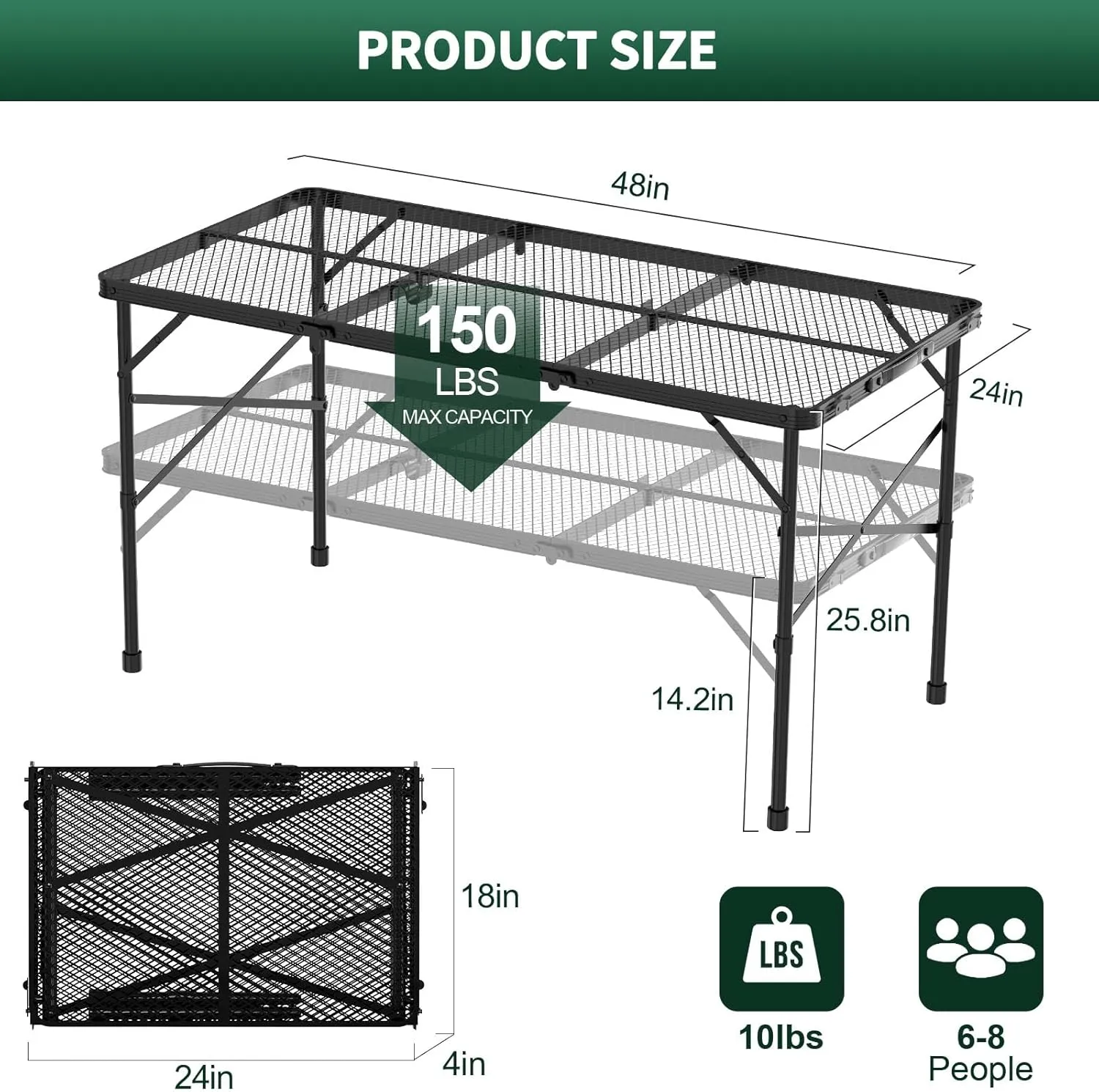 Folding Gril Table, 4x2 FT Camping Table with Mesh Desktop,Height Adjustable Folding Grill Table with Mesh Bag,Portable Outdoor Table for Picnic,Camping,BBQ,Beach(Black)