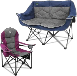 Folding Loveseat Camping Chair Portable Double Padded Garden Chair, Sofa & Oversized Portable Camping Chair, Full Padded Outdoor Folding Chair (Blue)