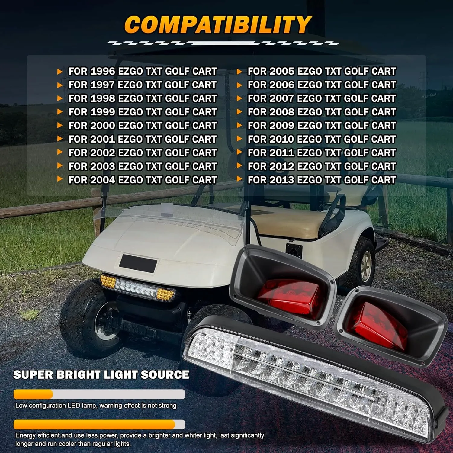 for 1996-2013 E-Z-GO TXT Golf Cart LED Headlight Bar Kit & Tail Light Assembly with Wiring Harness Switch