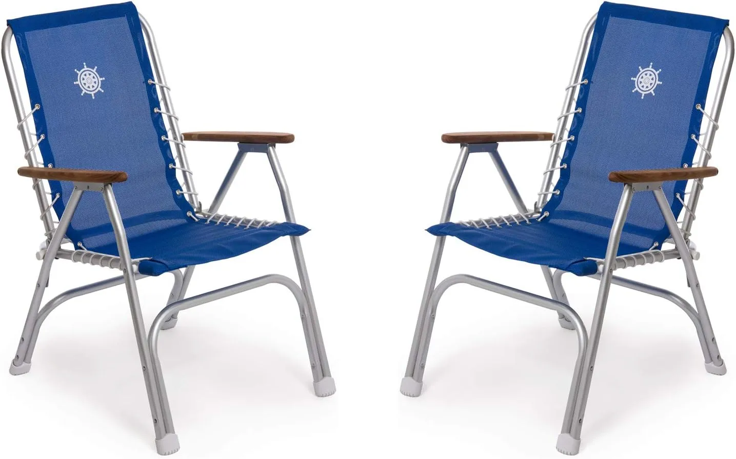 FORMA MARINE Boat Chairs High Back Blue Vinyl MESH Deck Folding Marine Aluminum Teak Furniture Set of 2 M150VB