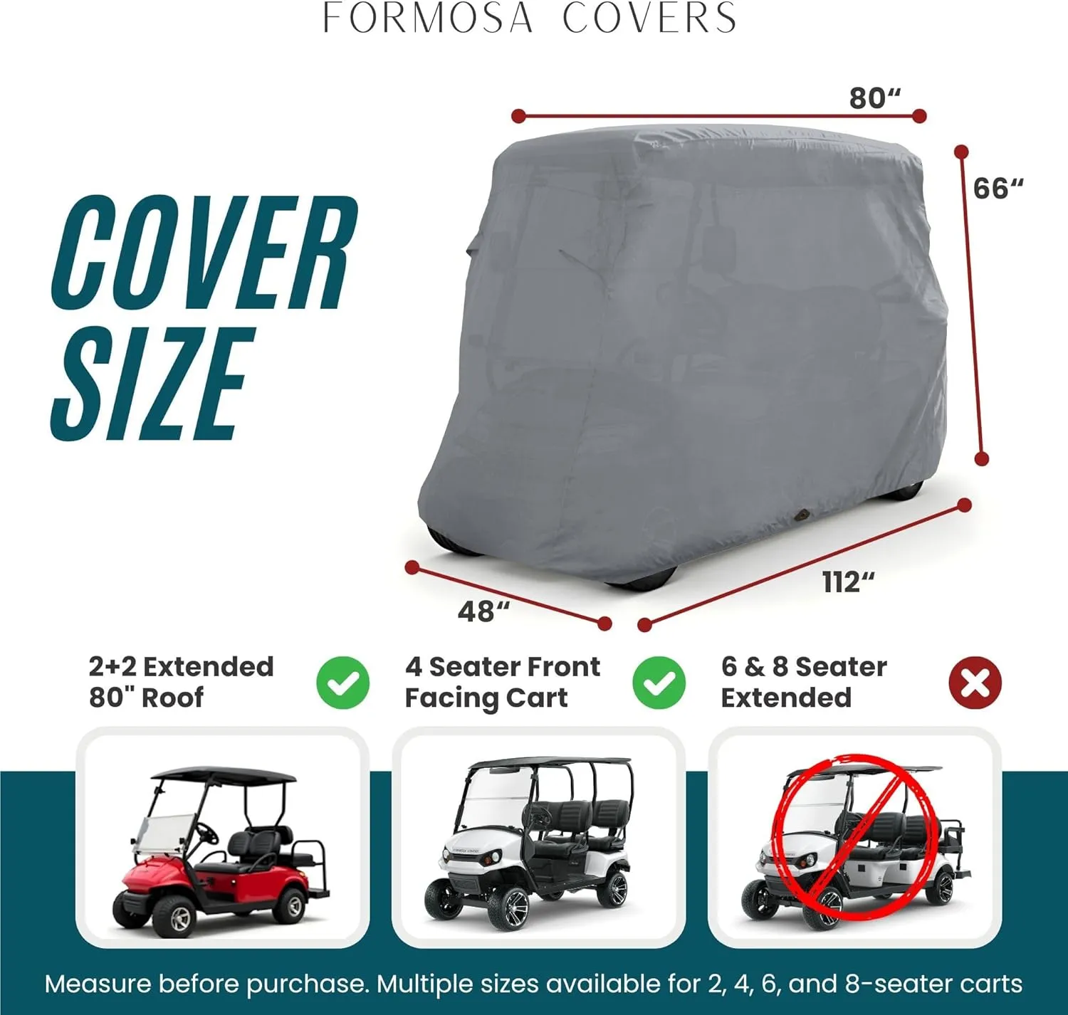 Formosa Deluxe Golf Cart Cover 4 Passenger Extended Roof Premium Golf Cart Accessories All Weather fits 80" Roof 112" L Body EZGO, Club Car, Star, Evolution, Yamaha G Models, GEM e2 - Grey
