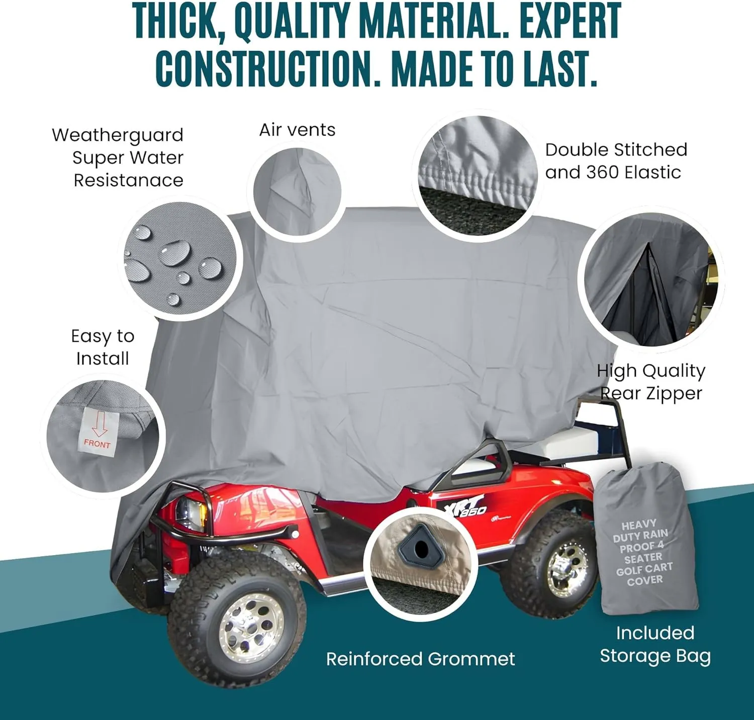 Formosa Deluxe Golf Cart Cover 4 Passenger Extended Roof Premium Golf Cart Accessories All Weather fits 80" Roof 112" L Body EZGO, Club Car, Star, Evolution, Yamaha G Models, GEM e2 - Grey