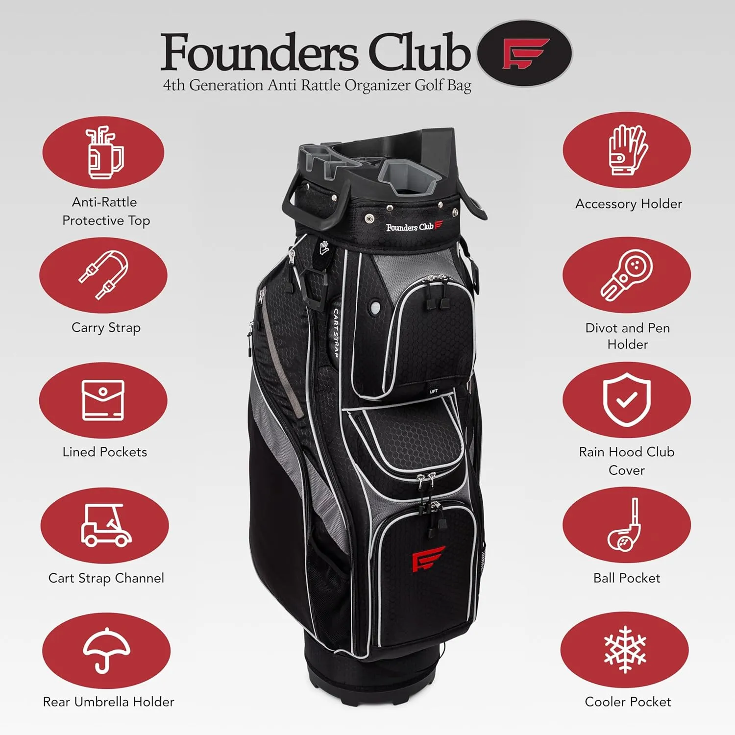 Founders Club 4th Generation Club Lock Organizer Golf Cart Bag for Men with 14 Way Anti Rattle Divider Top- Free Snap On Rain Hood-Full Length Dividers