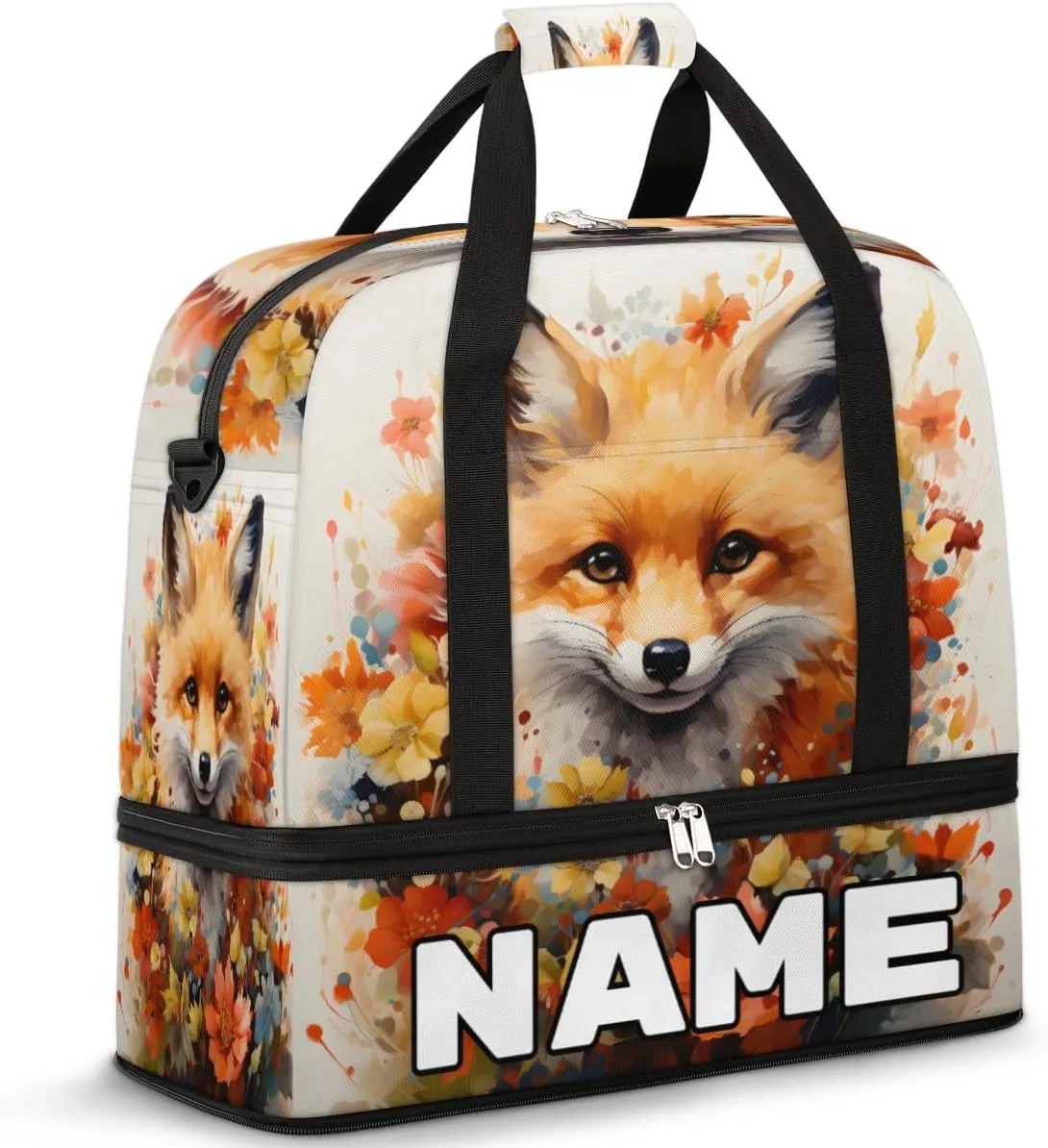 Fox Printed Custom Foldable Duffle Bag with Shoes Compartment Personalized Large Capacity Waterproof Travel Weekender Bag Overnight Bag for Sports Gym