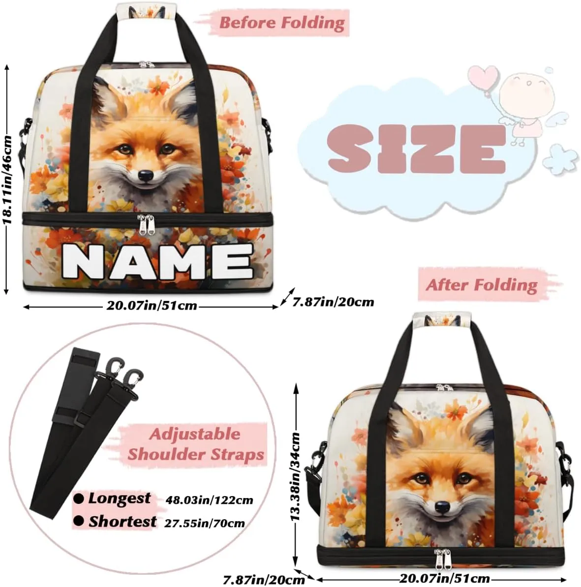 Fox Printed Custom Foldable Duffle Bag with Shoes Compartment Personalized Large Capacity Waterproof Travel Weekender Bag Overnight Bag for Sports Gym