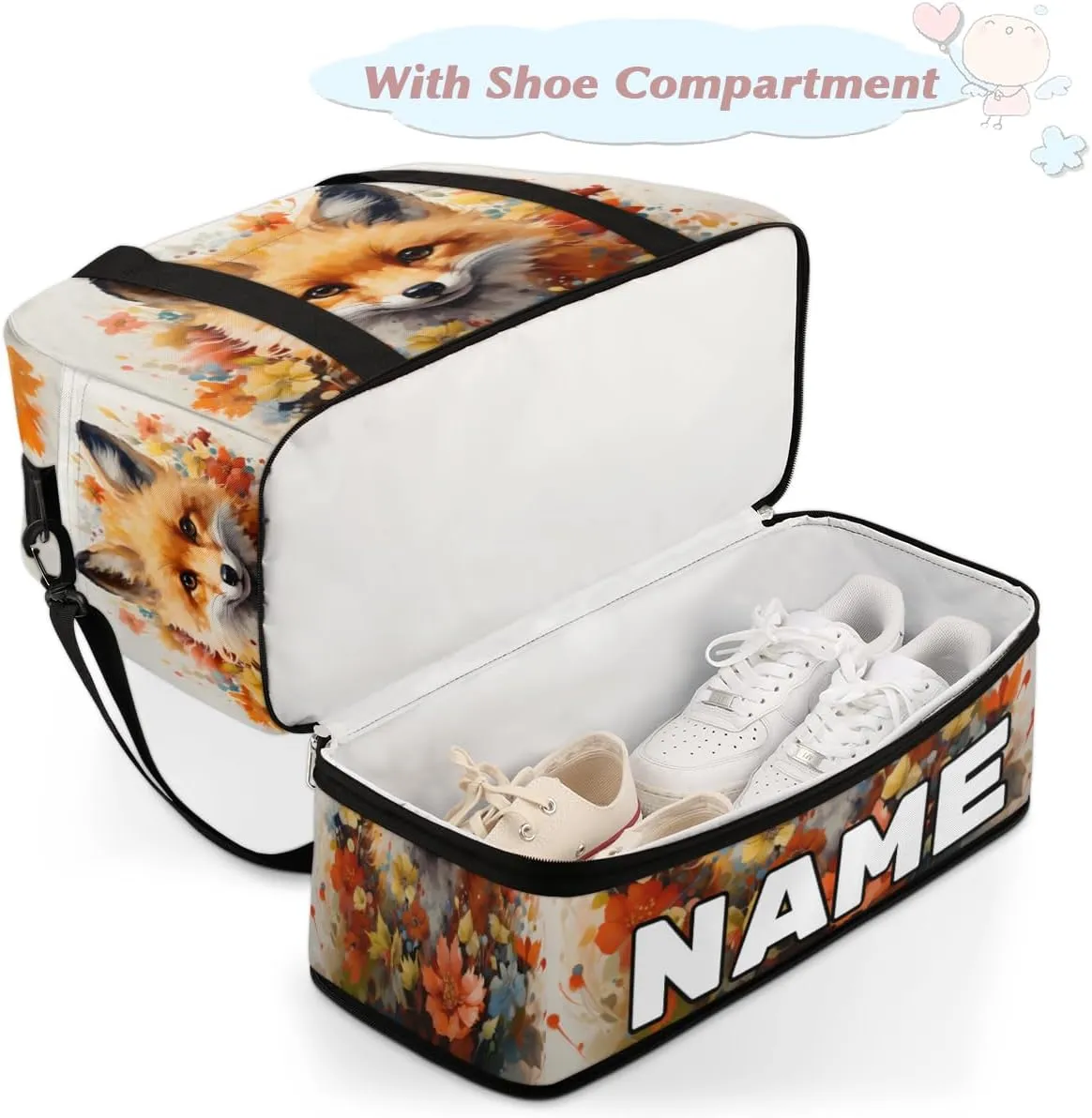 Fox Printed Custom Foldable Duffle Bag with Shoes Compartment Personalized Large Capacity Waterproof Travel Weekender Bag Overnight Bag for Sports Gym