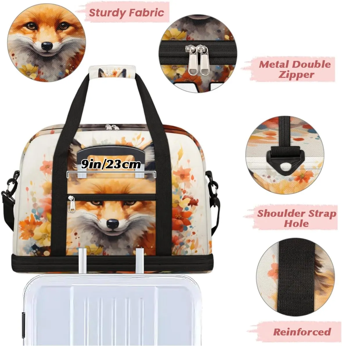 Fox Printed Custom Foldable Duffle Bag with Shoes Compartment Personalized Large Capacity Waterproof Travel Weekender Bag Overnight Bag for Sports Gym