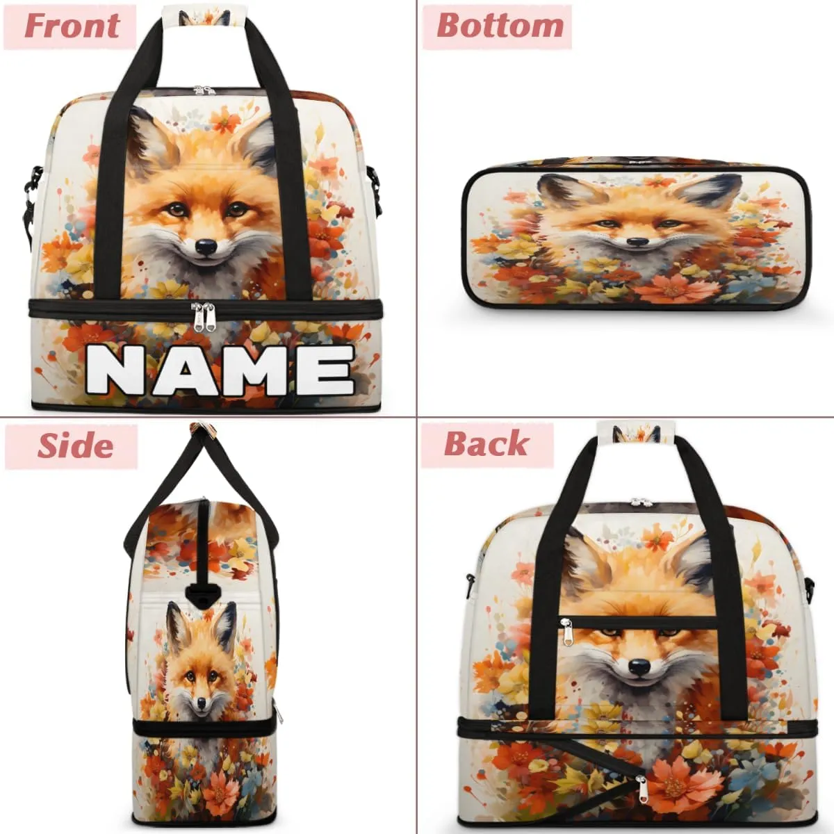 Fox Printed Custom Foldable Duffle Bag with Shoes Compartment Personalized Large Capacity Waterproof Travel Weekender Bag Overnight Bag for Sports Gym