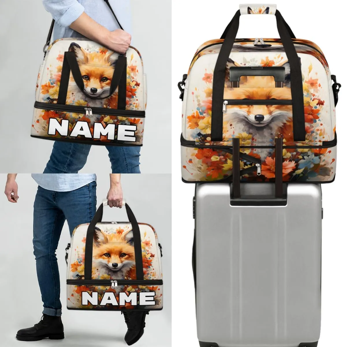 Fox Printed Custom Foldable Duffle Bag with Shoes Compartment Personalized Large Capacity Waterproof Travel Weekender Bag Overnight Bag for Sports Gym
