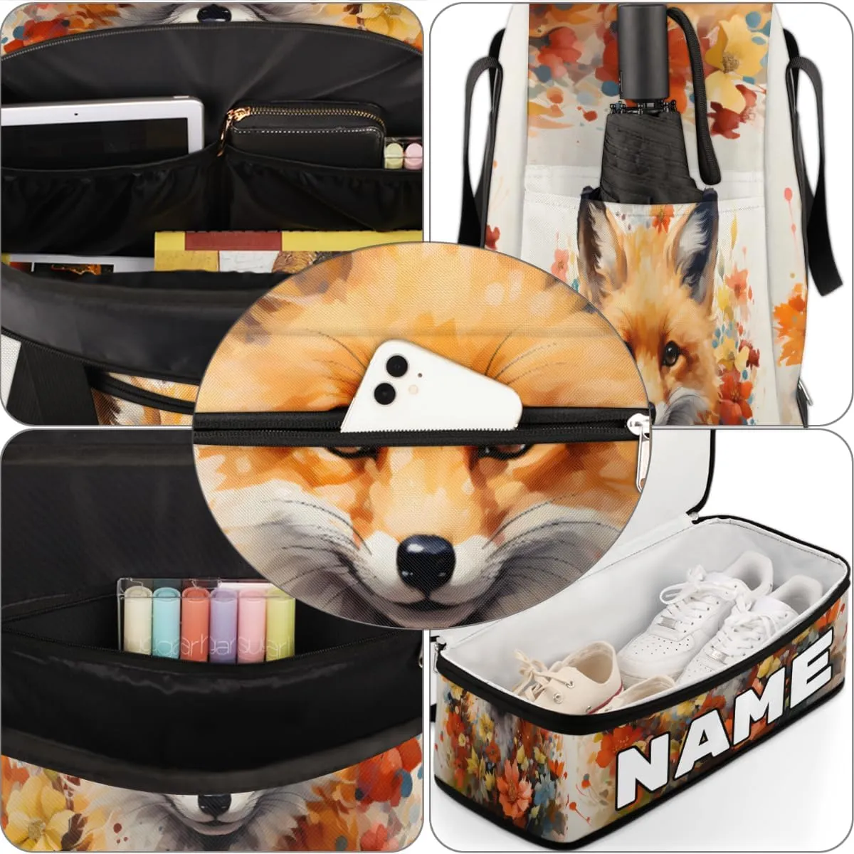 Fox Printed Custom Foldable Duffle Bag with Shoes Compartment Personalized Large Capacity Waterproof Travel Weekender Bag Overnight Bag for Sports Gym