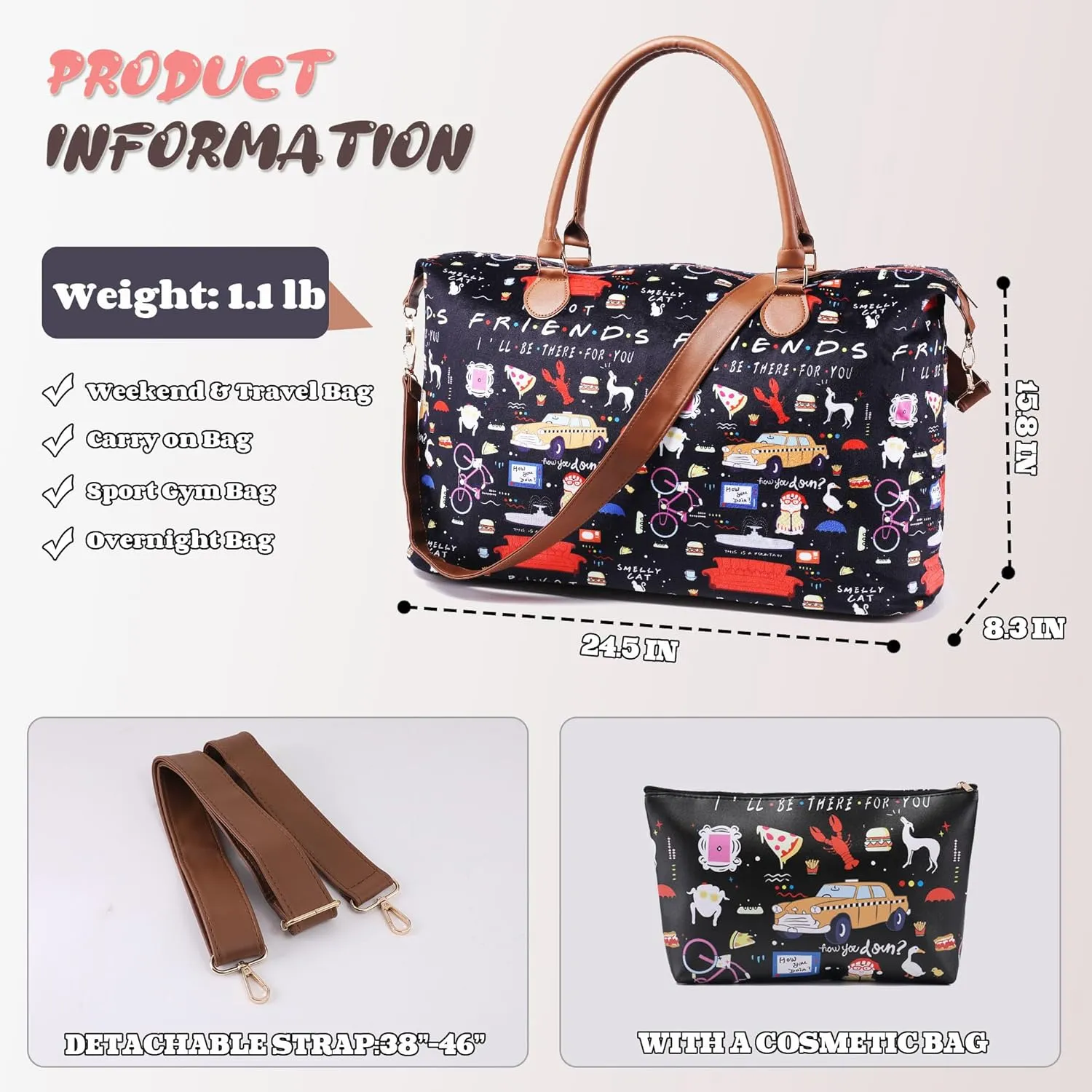Friends TV Show Weekender Bags Extra Large, Stylish Travel Duffle Bag Waterproof, Surface Waterproof Carry on Travel Bag, Lightweight Overnight Hospital Bags Western Gifts for Women with Makeup Bag