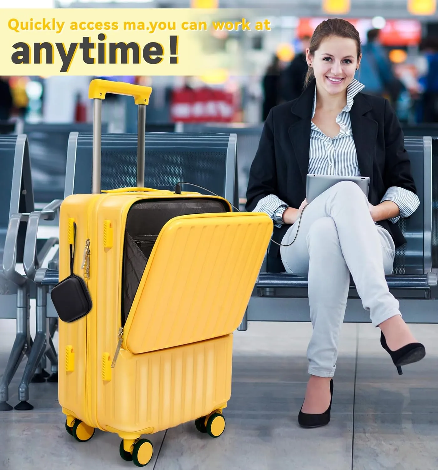 Front Pocket Luggage, Carry-on Luggage with Spinner Wheels, Suitcase with Cup Holder, USB Port (Yellow, Carry-On 20-Inch)