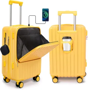 Front Pocket Luggage, Carry-on Luggage with Spinner Wheels, Suitcase with Cup Holder, USB Port (Yellow, Carry-On 20-Inch)