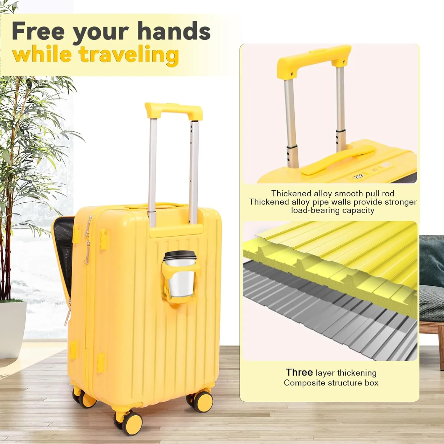 Front Pocket Luggage, Carry-on Luggage with Spinner Wheels, Suitcase with Cup Holder, USB Port (Yellow, Carry-On 20-Inch)