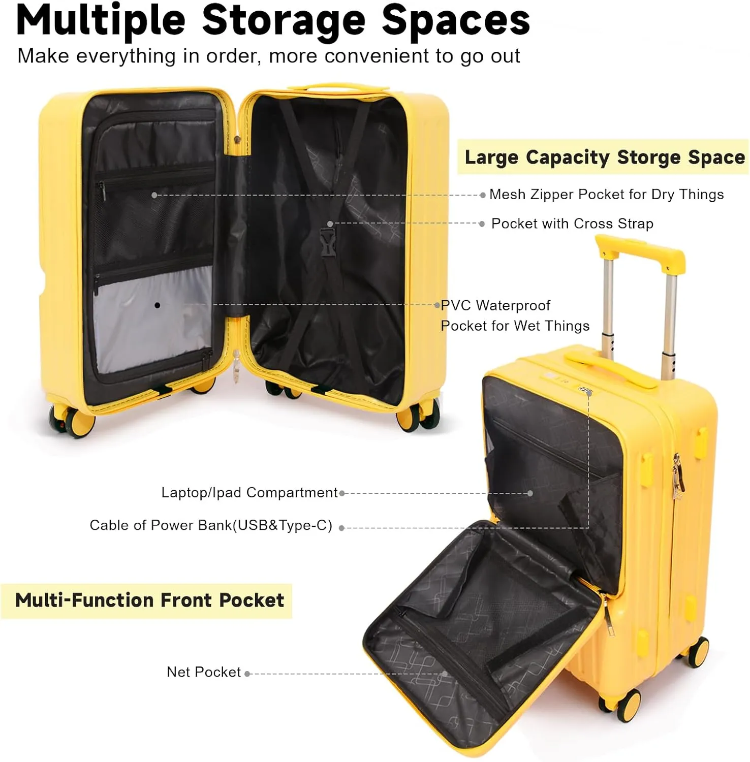 Front Pocket Luggage, Carry-on Luggage with Spinner Wheels, Suitcase with Cup Holder, USB Port (Yellow, Carry-On 20-Inch)