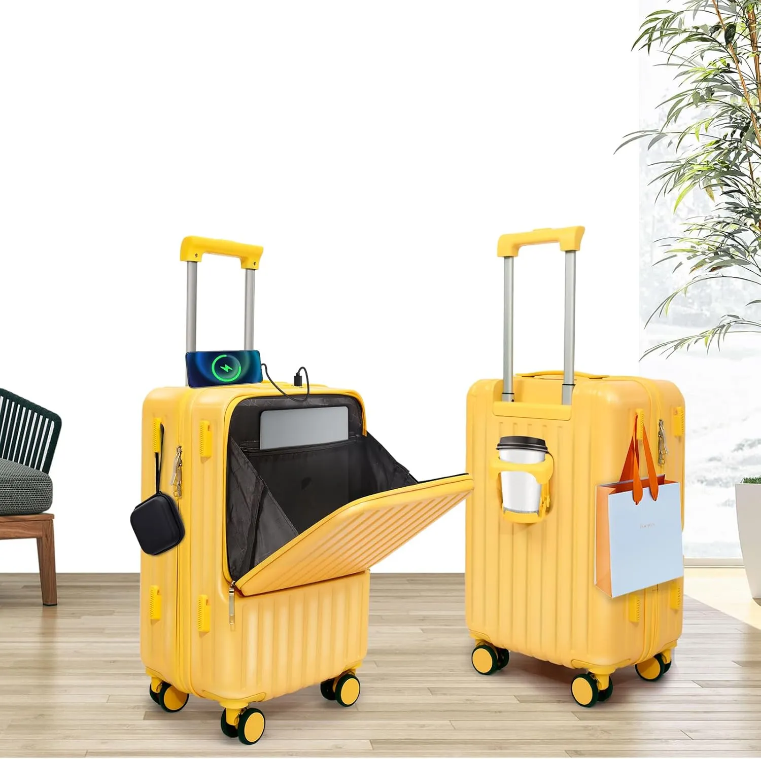 Front Pocket Luggage, Carry-on Luggage with Spinner Wheels, Suitcase with Cup Holder, USB Port (Yellow, Carry-On 20-Inch)