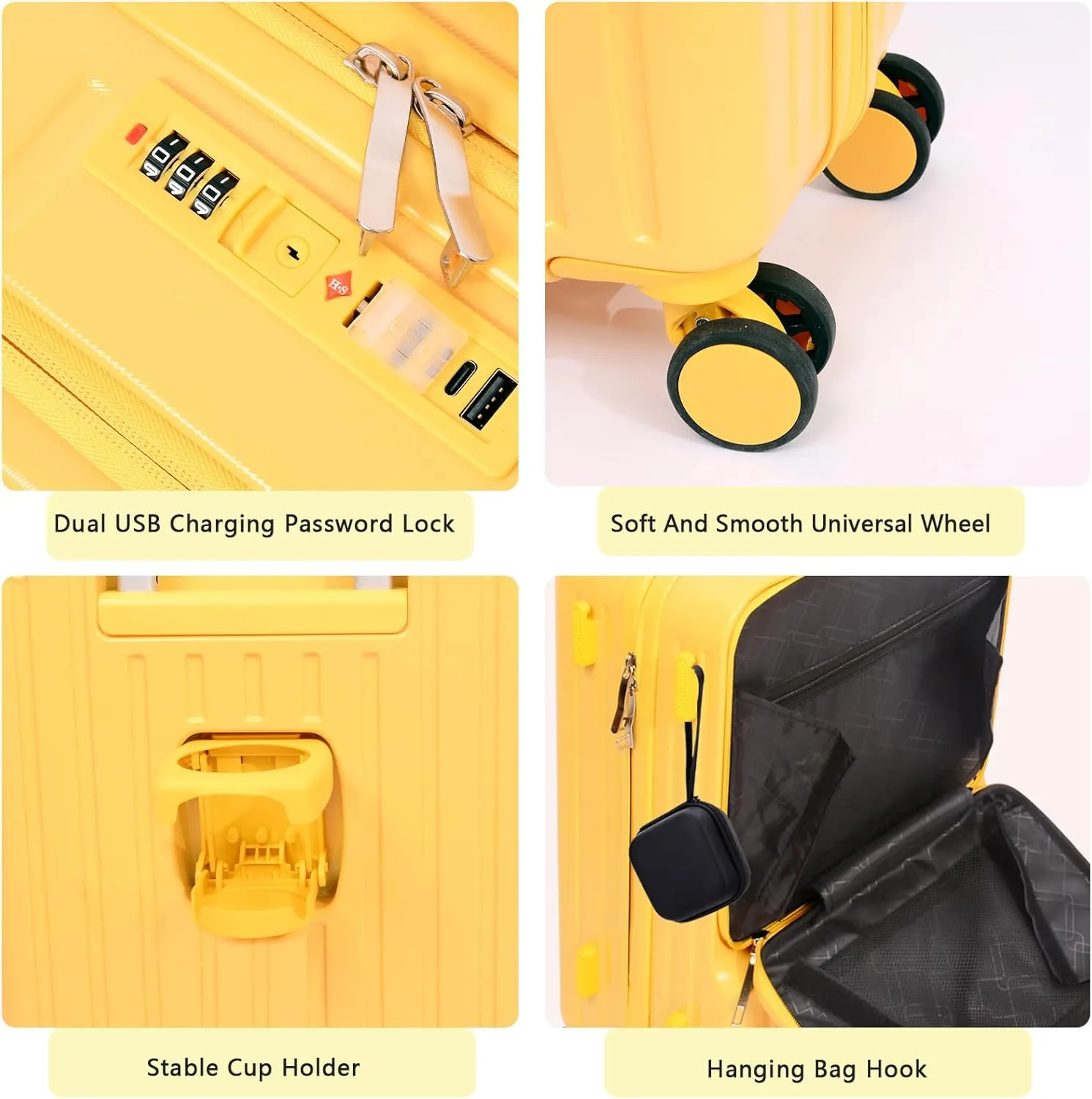 Front Pocket Luggage, Carry-on Luggage with Spinner Wheels, Suitcase with Cup Holder, USB Port (Yellow, Carry-On 20-Inch)