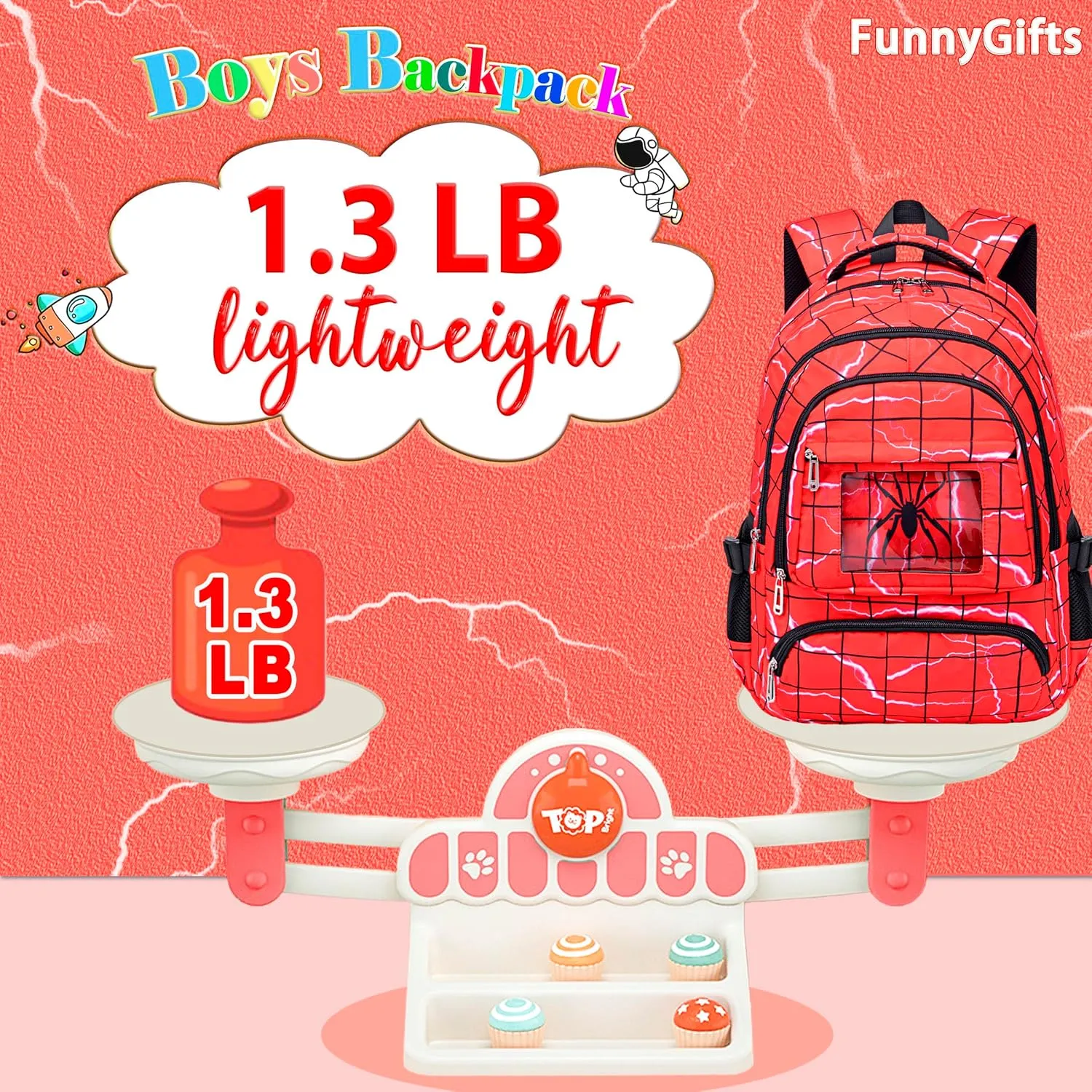 FunnyGifts Kids Backpacks Boys School Bookbag for Elementary Kindergarten Preschool Mochila Para Niños 4 5 6 7 8 9 10 11 12