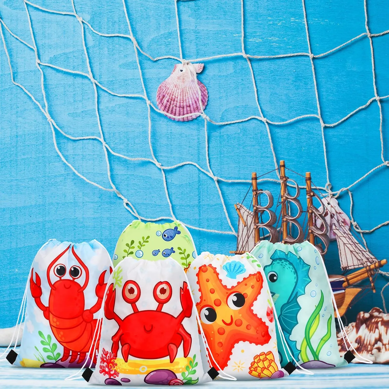 Funtery 32 Pcs Under the Sea Party Gift Drawstring Bags Ocean Animal Goodie Candy Bags Reusable Marine Sea Life Party Supplies Backpack for Kids Girls Birthday