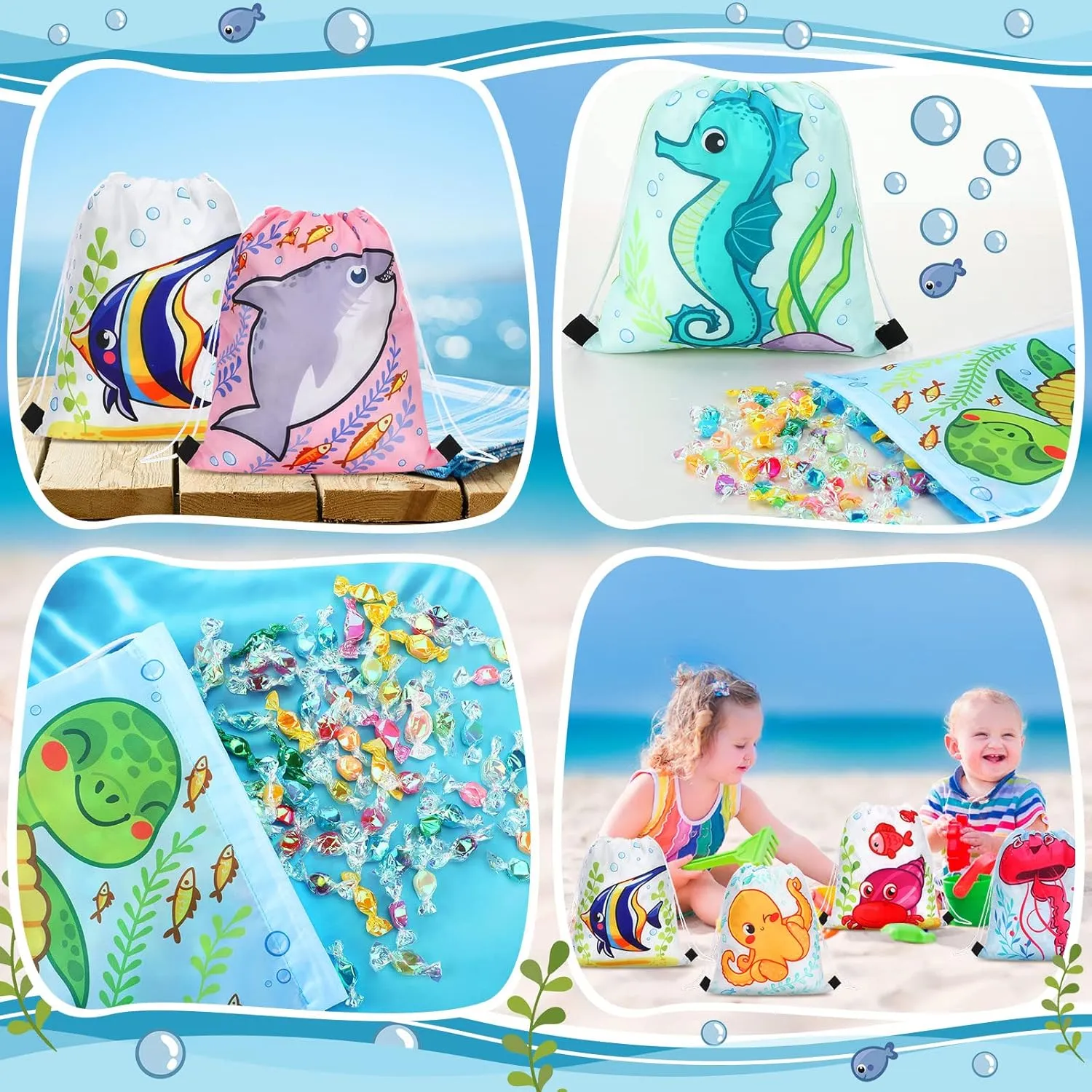 Funtery 32 Pcs Under the Sea Party Gift Drawstring Bags Ocean Animal Goodie Candy Bags Reusable Marine Sea Life Party Supplies Backpack for Kids Girls Birthday
