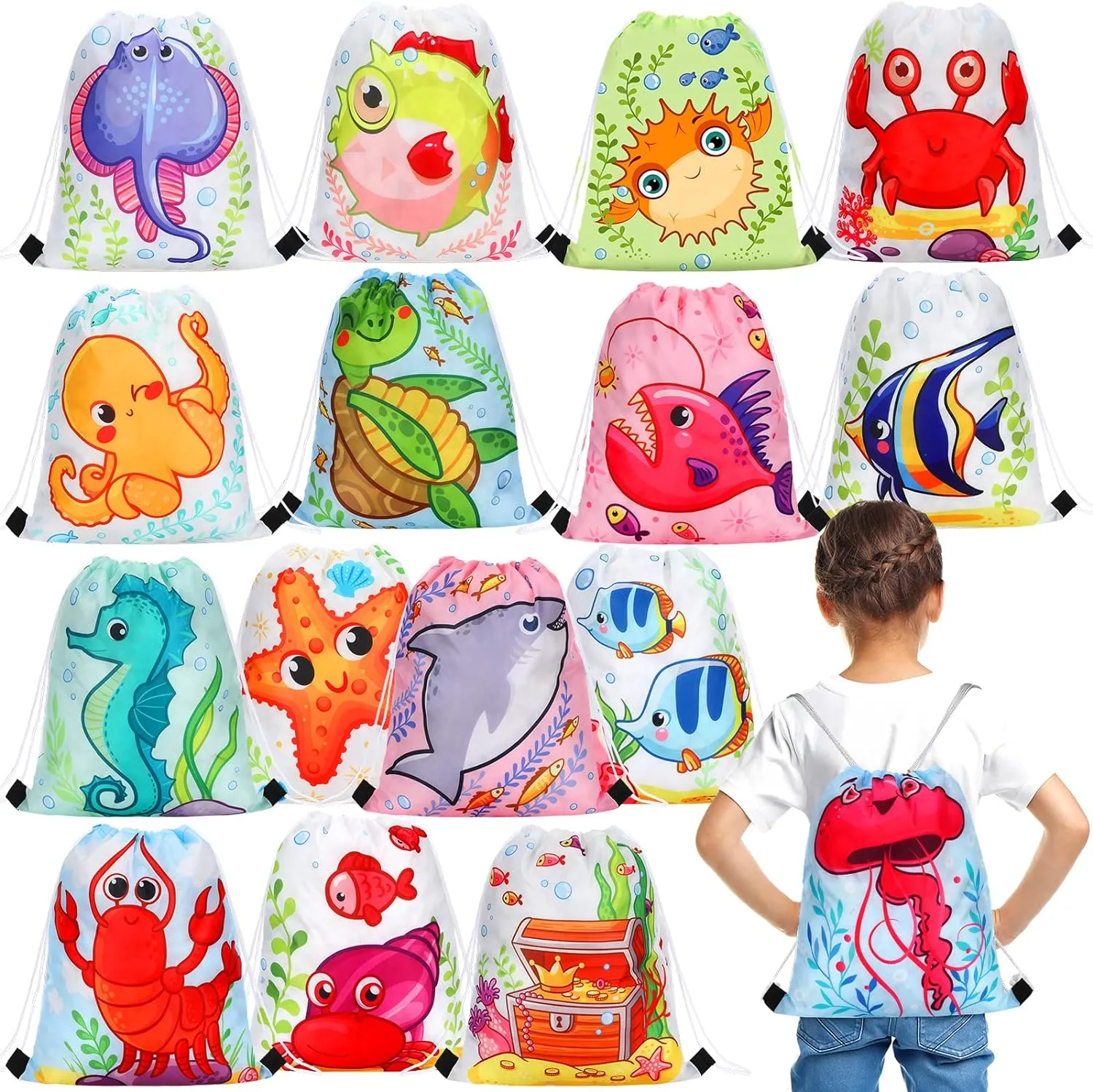 Funtery 32 Pcs Under the Sea Party Gift Drawstring Bags Ocean Animal Goodie Candy Bags Reusable Marine Sea Life Party Supplies Backpack for Kids Girls Birthday