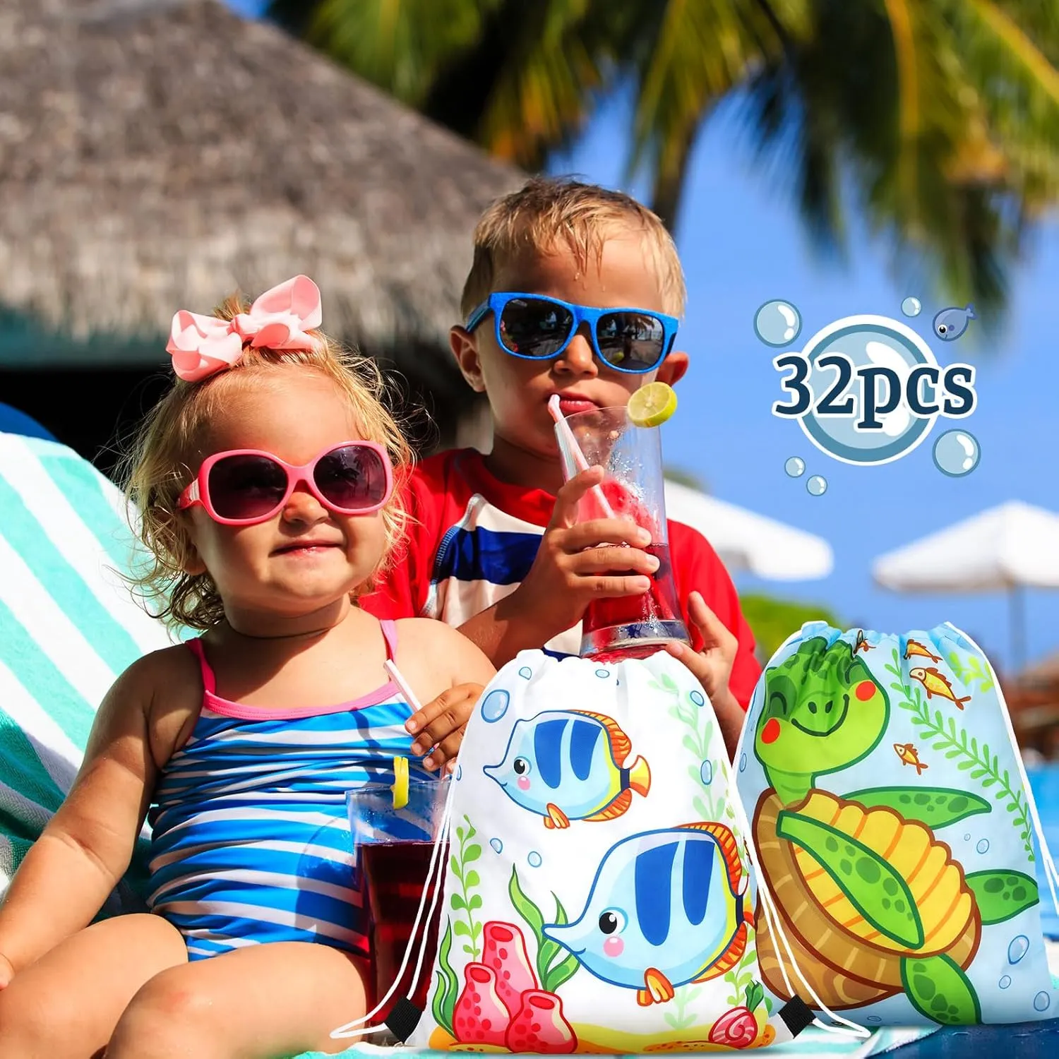 Funtery 32 Pcs Under the Sea Party Gift Drawstring Bags Ocean Animal Goodie Candy Bags Reusable Marine Sea Life Party Supplies Backpack for Kids Girls Birthday