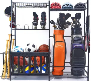 Garage Sports Equipment Organizer, Golf Bag Stand for Garage Ball Storage Rack Indoor/Outdoor Kids Toys Storage Organizer Bins, Ball Holder with Baskets