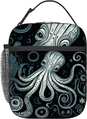Generative Engraving retro vintage style octopus woodcut linocut Art Insulated Iunch Bag for Men Woman Large Portable Waterproof Reusable Thermal Lunch Box with Pockets for Work Travel Picnic