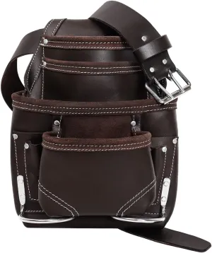Genuine Leather Tool Pouch Bag with 2'' Work Belt Included for Handyman, Construction, Carpenter, Farmers with10 Pockets 2 Hammer Holders