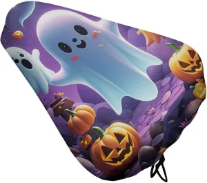 Ghost Pumpkin Bike Seat Cover Water-Repellent Exercise Bike Seat Cushion Bicycle Saddle Cover with Drawstring Rain Snow Dust Covers for City Mountain Road Biking