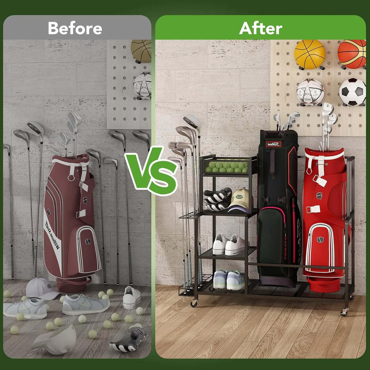 GILLAS Golf Bag Storage Garage Organizer, Golf Bag Stand Fit for 2 Golf Bags, Golf Equipment Accessories, Golf Bag Storage Rack with Wheels for Garage, Club, Shed, Basement