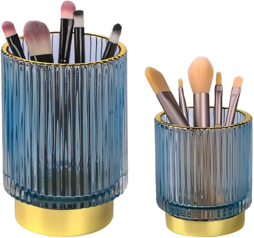 Glass Makeup Brush Holder,Gold Toothbrush Holders,Cute Make Up Brush Cup Holder,Vintage Vanity Makeup Organizer for Bathroom and Desktop (Blue)