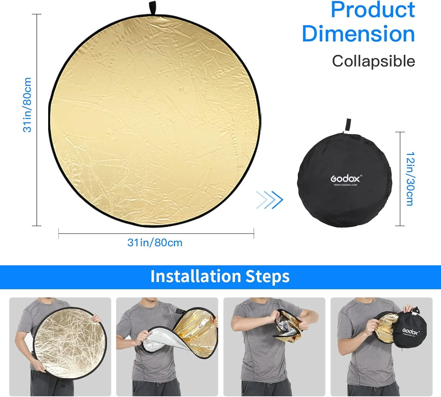 Godox 31”/80cm Light Reflector Diffuser,5-in-1 Portable Collapsible Round Multi Disc with Holder Clip & Bag for Studio Shooting,Video Location,Portrait Photography-Gold,Silver,White,Black,Translucent